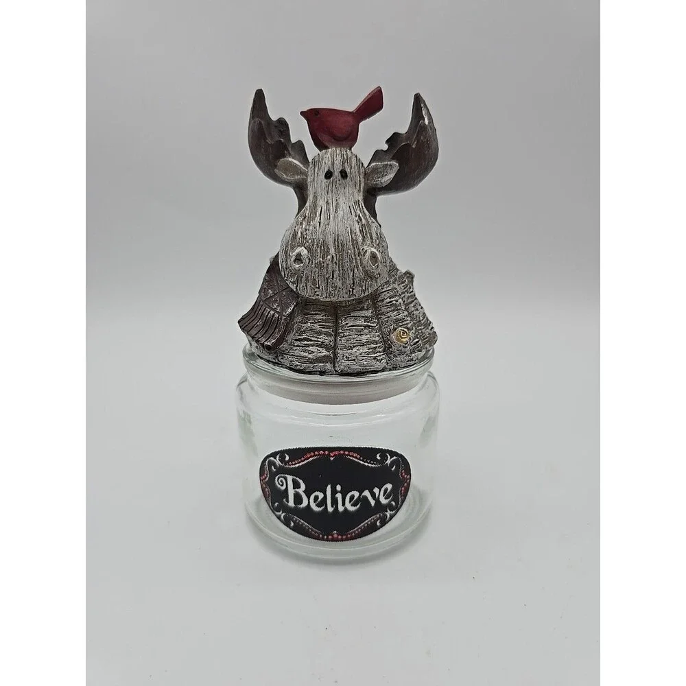Vintage Holiday Reindeer Believe Candy Jar Christmas Decor
